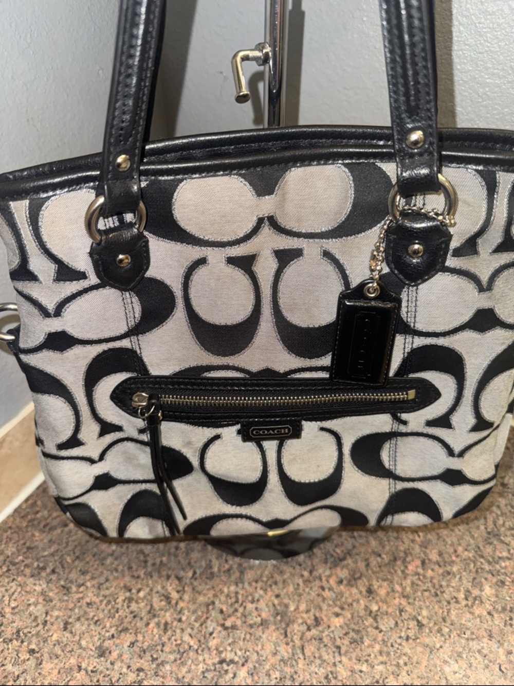 Coach Black & Cream Signature Canvas Shoulder Tote